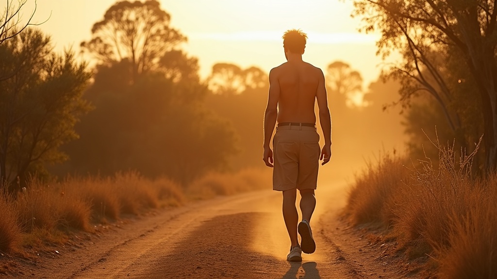Person walking a bush trail in warm early morning light