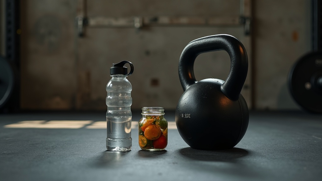 Kettlebell and fermented vegetables in a gym setting