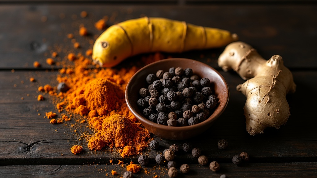 Whole spices arranged on a dark timber surface including turmeric, peppercorns, caraway and ginger