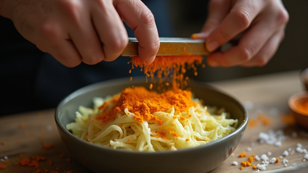 Fresh turmeric being grated over shredded cabbage for fermentation