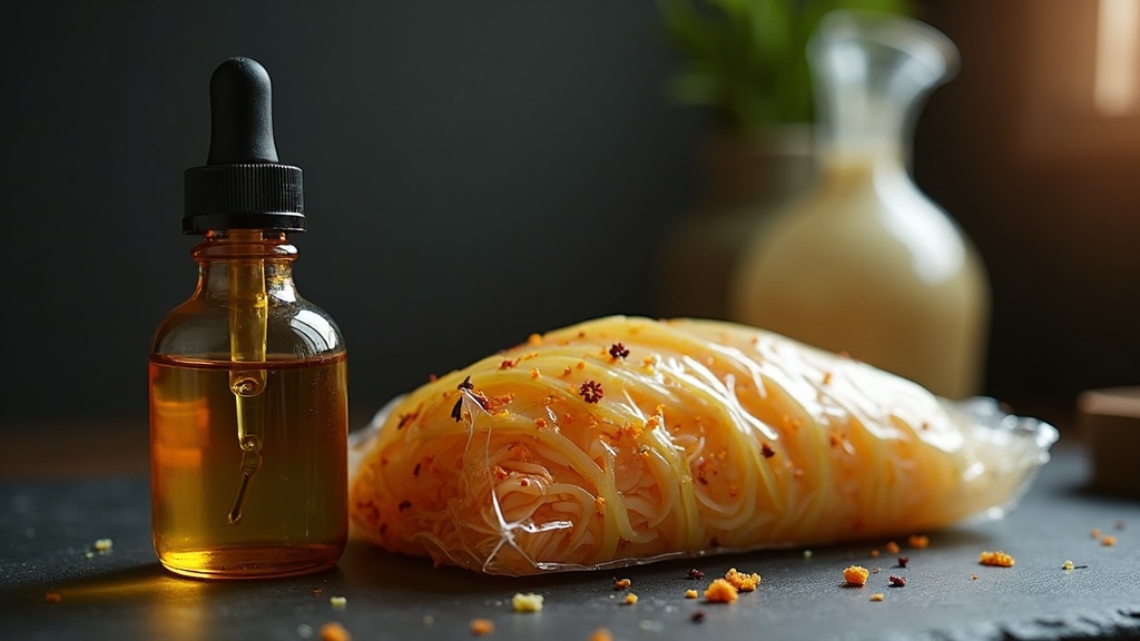 MCT oil tincture bottle beside a vacuum sealed bag of spiced fermented cabbage
