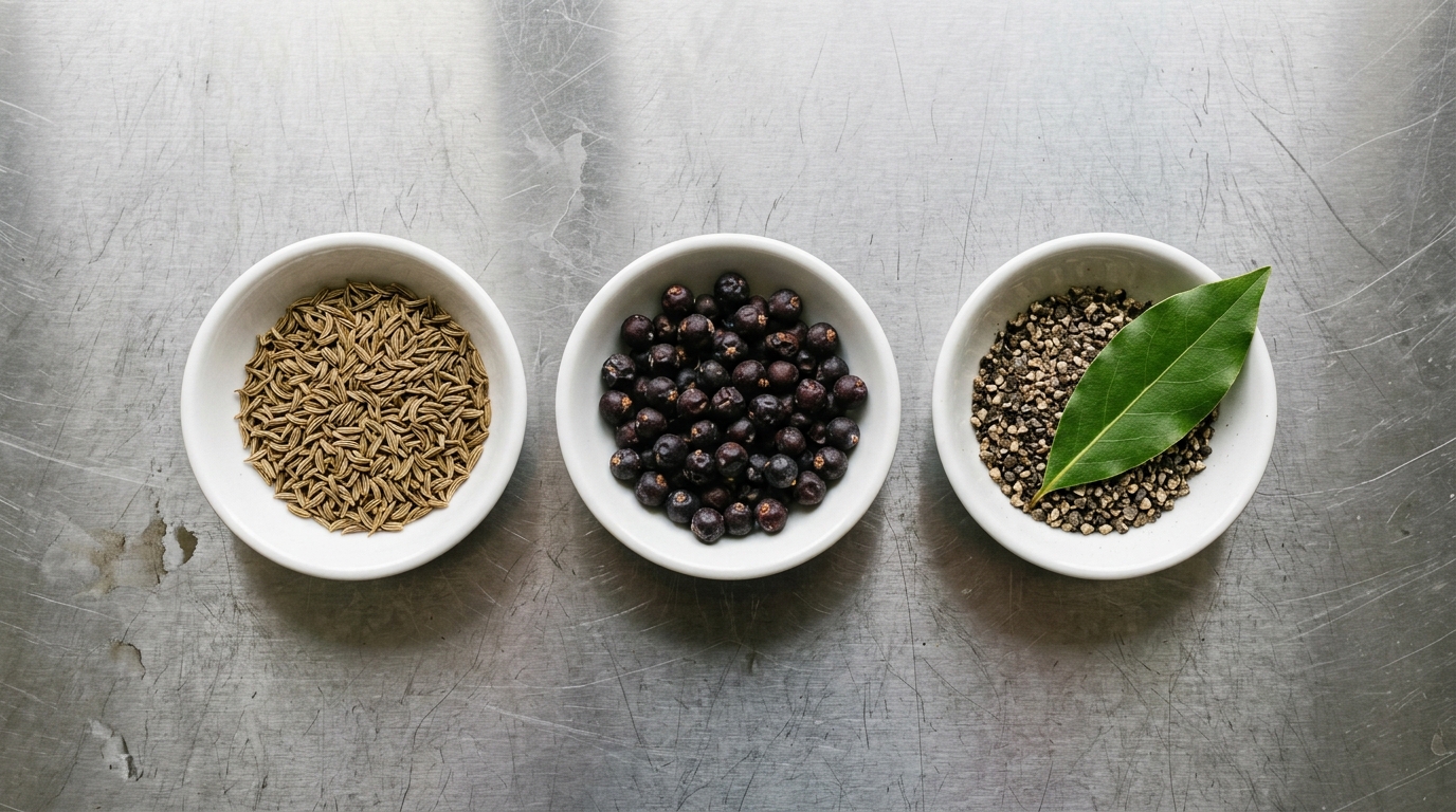 Three small white ceramic bowls on a stainless steel kitchen bench, holding caraway seeds, dried juniper berries, and cracked black peppercorns with a fresh bay leaf, photographed overhead in neutral-warm window light.