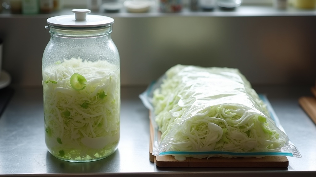 Glass mason jar with airlock lid and flat vacuum-sealed bag side by side showing fermentation method comparison