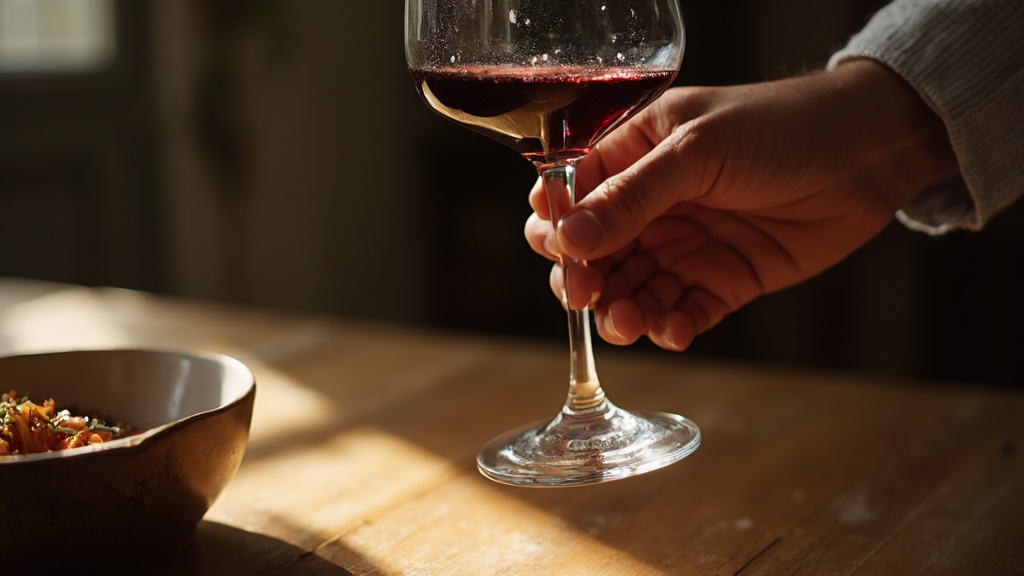 Weathered chef hands holding a glass of red wine at table height with remnants of a meal