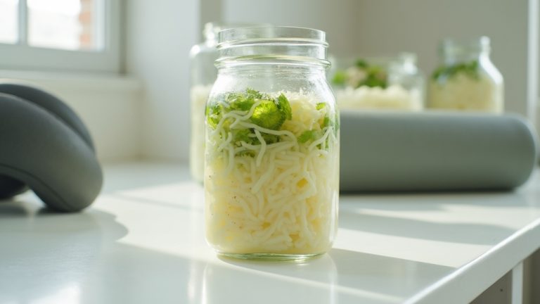 Glass jar of sauerkraut beside foam roller on clean white bench in bright natural light