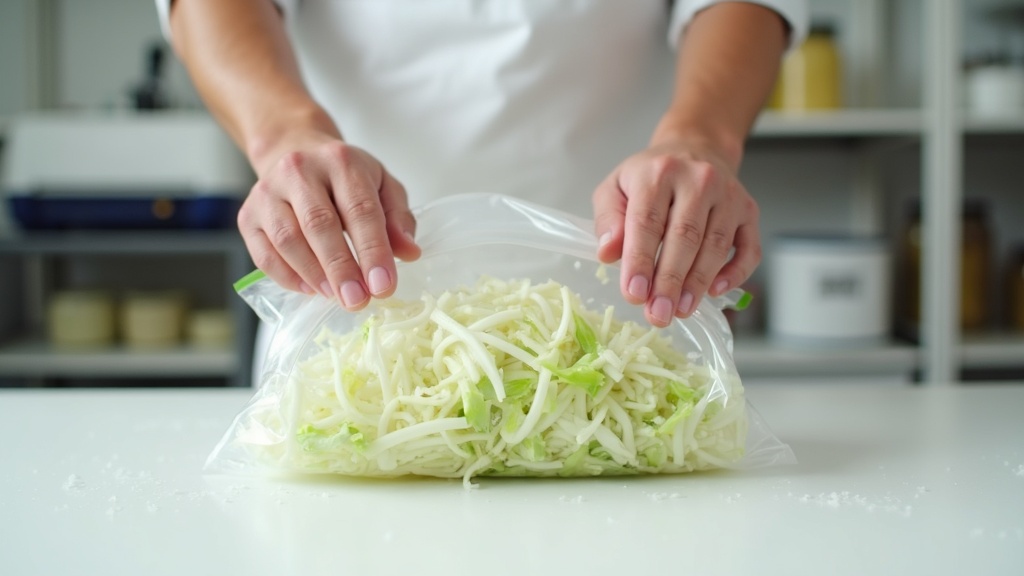 Hands packing salted cabbage into a vacuum bag for chamber vacuum fermentation