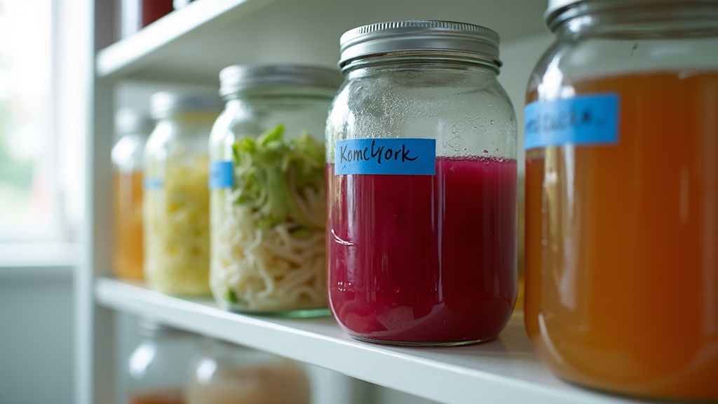 Amber jars of fermented vegetables at different stages on a wooden shelf