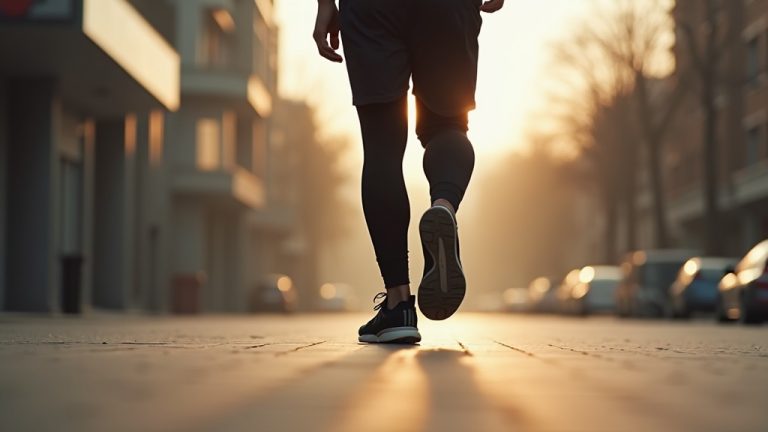 Low angle view of man mid-stride walking on urban street in early morning light