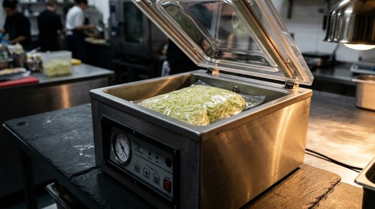 Chamber vacuum sealer with vacuum-sealed cabbage in a professional kitchen, chefs working in background