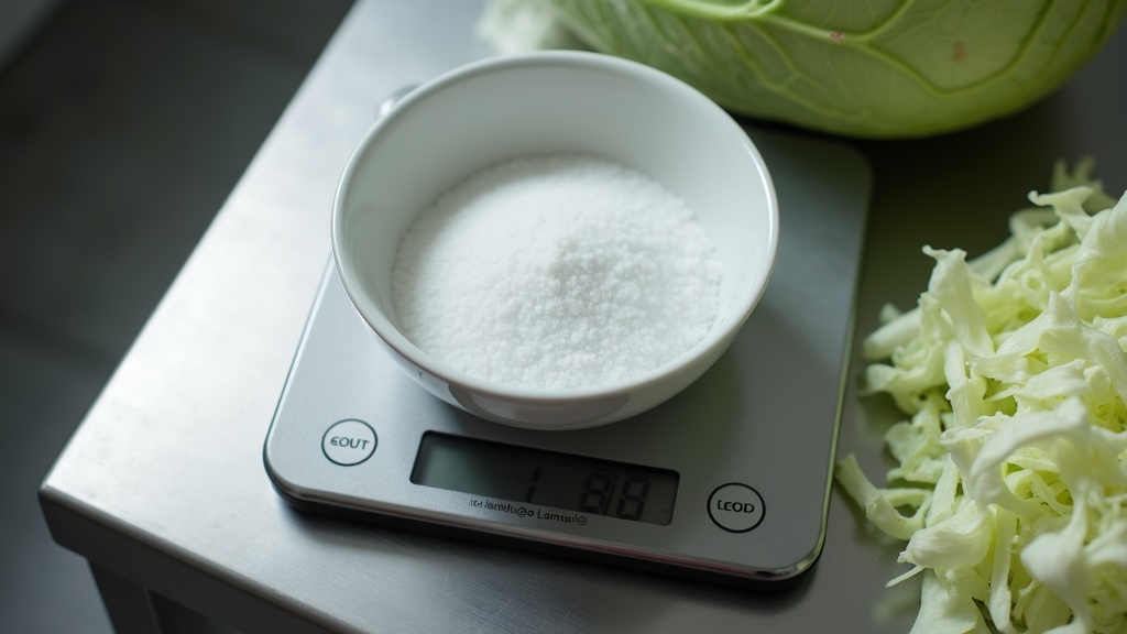 Small ceramic bowl of sea salt on digital kitchen scale beside shredded cabbage for precise fermentation measurement