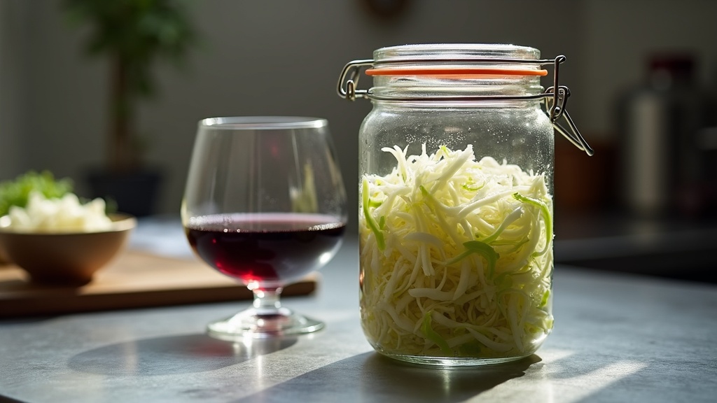 Clear glass jar of pale green sauerkraut alongside a glass of red wine on a stainless steel bench