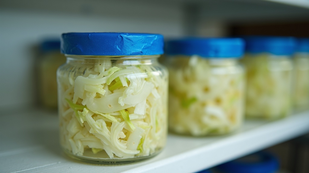 Glass jar of pale sauerkraut with wooden spoon on a kitchen shelf in warm light