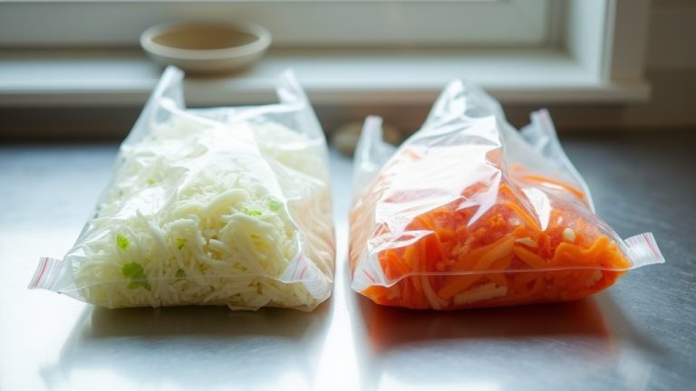 Two vacuum-sealed fermentation bags side by side, pale green sauerkraut and bright orange kimchi on stainless steel bench