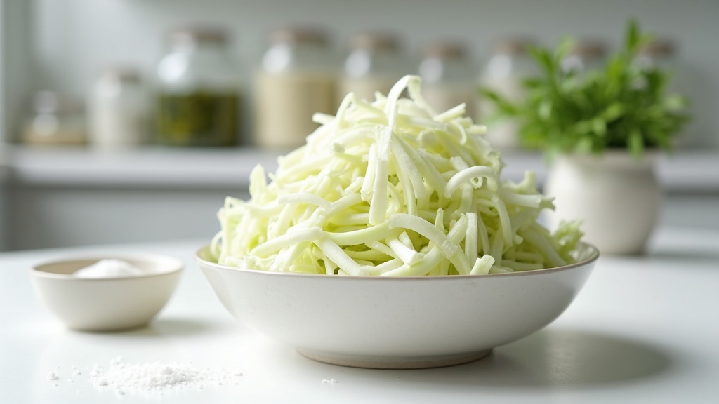 Shredded cabbage and salt on a timber kitchen bench in warm natural light