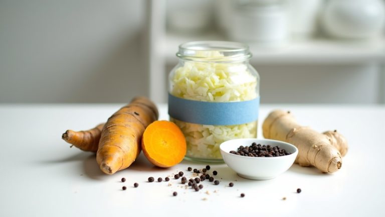 Whole turmeric, peppercorns, and ginger beside a jar of sauerkraut on a clean white bench