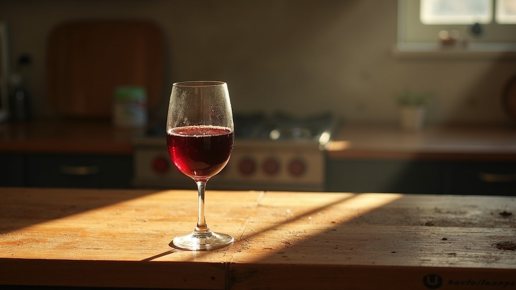 Single glass of red wine on a worn timber kitchen pass with stainless steel surface, warm golden hour light