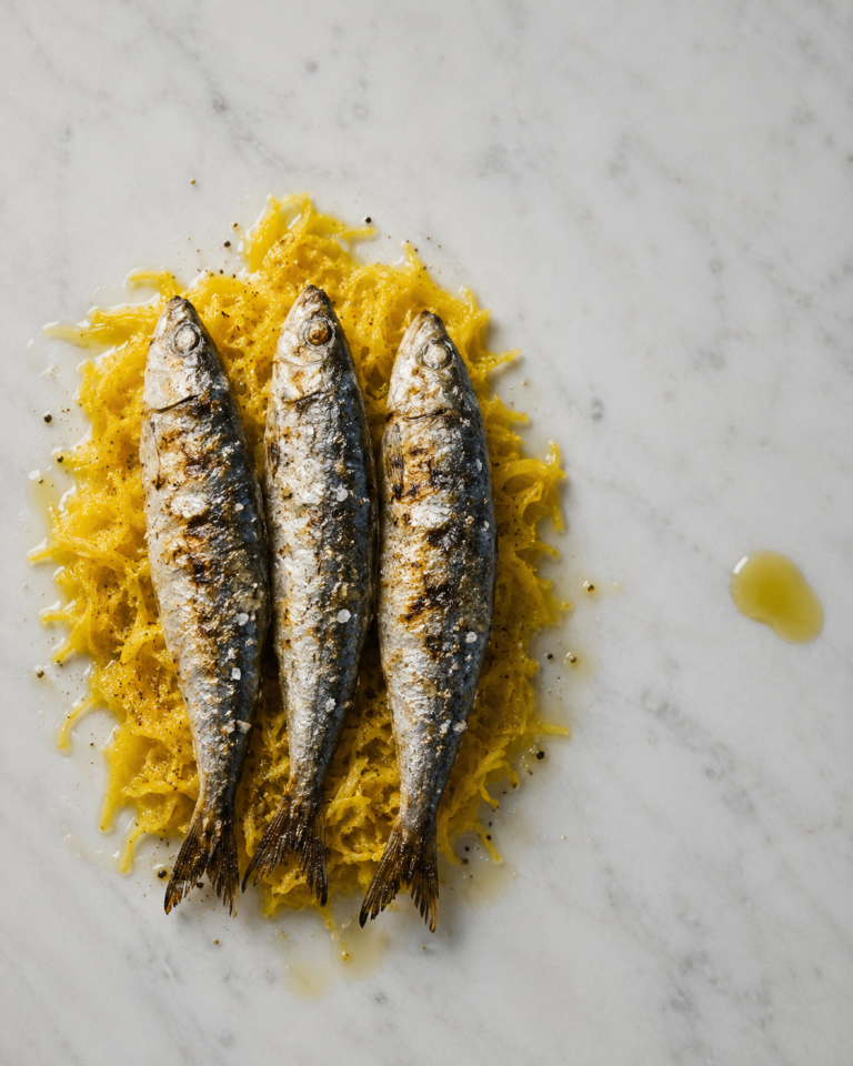 Grilled sardines over golden turmeric fermented cabbage on marble