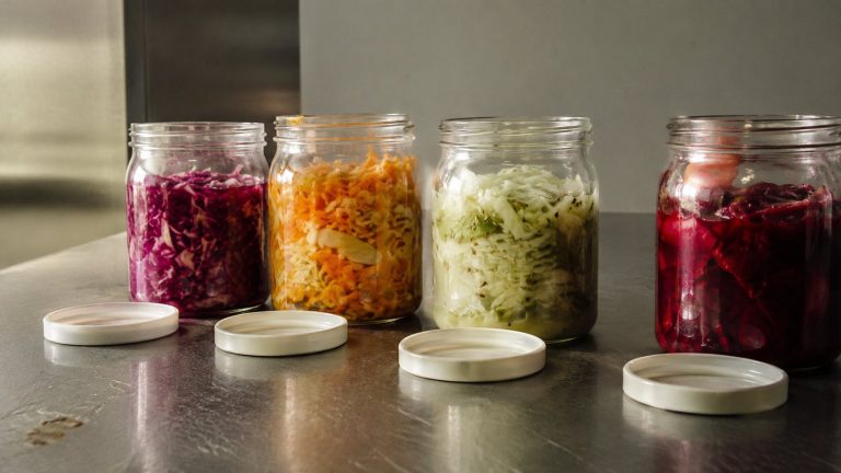 Four glass jars of different coloured ferments on a stainless steel bench, Green Holmes Field Note hero