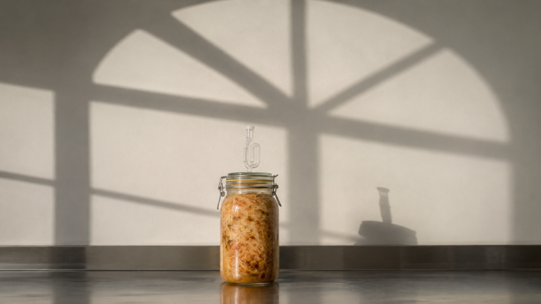A fermentation jar on a steel bench, the shadow of a window frame across the wall behind it reading like a clock face.