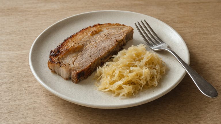 Roast pork with a pile of sauerkraut on the edge of the plate, pale oak table