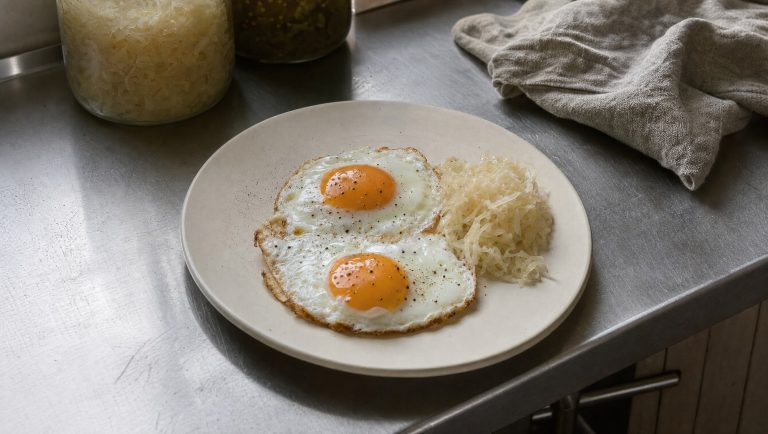 Fried eggs and sauerkraut on a steel kitchen bench in morning light