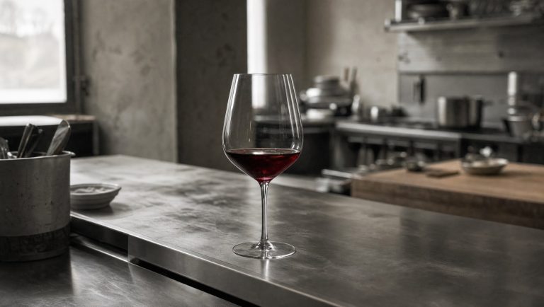 Glass of red wine on a steel kitchen pass, the wine the only colour