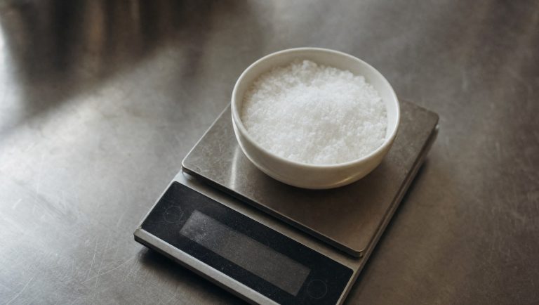 Bowl of sea salt on a digital scale on a steel bench, close study